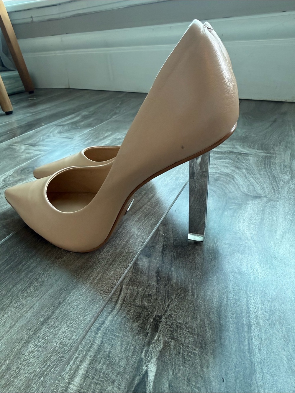 Lintervalle Nude Pointed Toe Stiletto Pumps with Silver  Block Heel